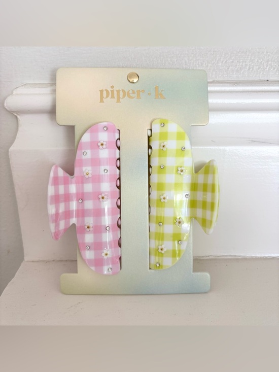 PIPER K Gingham Daisy Clip Set Choose Yellow & Blue OR Pink & Green - Picture 2 of 5